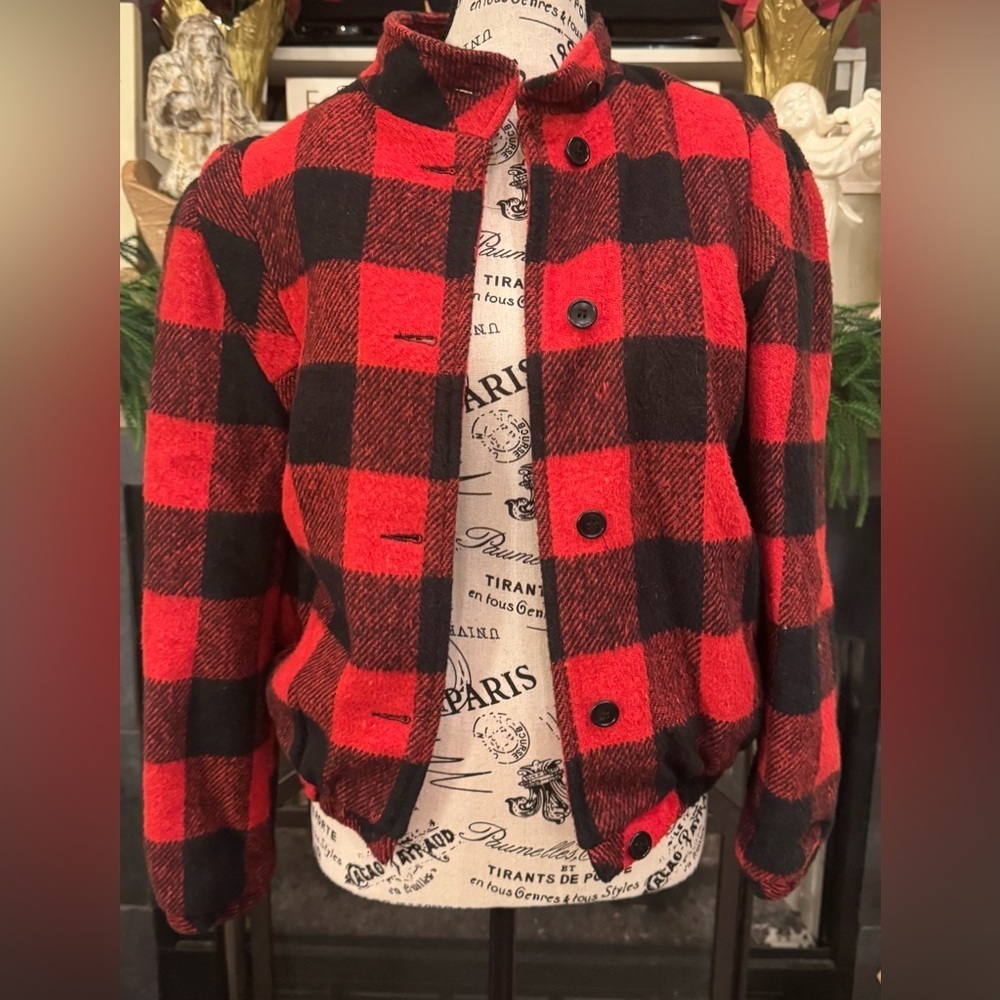 Vintage Union Label Red Buffalo Plaid Short Waist Coat Feminine Quilted Medium